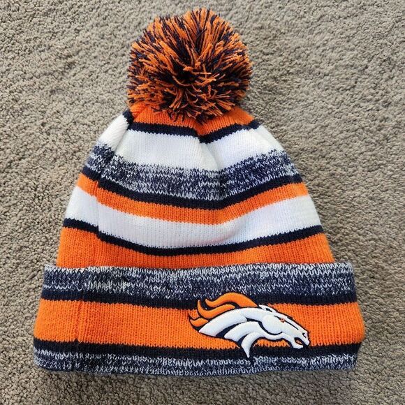 Denver Broncos NFL New Era Unisex Beanie Knit Cuffed Hat Pom Pom Striped - Picture 2 of 9
